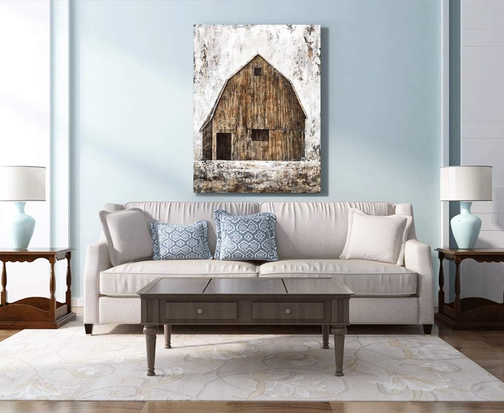 Yihui Arts Rustic Wall Decor Old Barn Canvas Wall Art Hand Painted Vintage Farmhouse Painting Pictures for Living Room