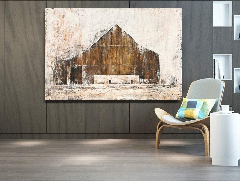 Yihui Arts Rustic Wall Decor Old Barn Canvas Wall Art Hand Painted Vintage Farmhouse Painting Pictures for Living Room