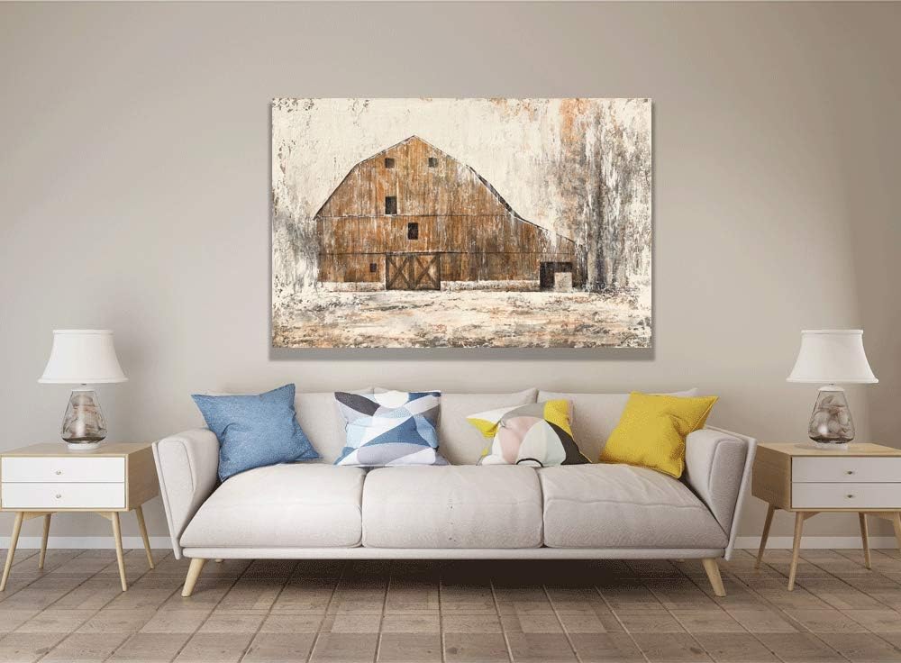 Yihui Arts Rustic Wall Decor Old Barn Canvas Wall Art Hand Painted Vintage Farmhouse Painting Pictures for Living Room