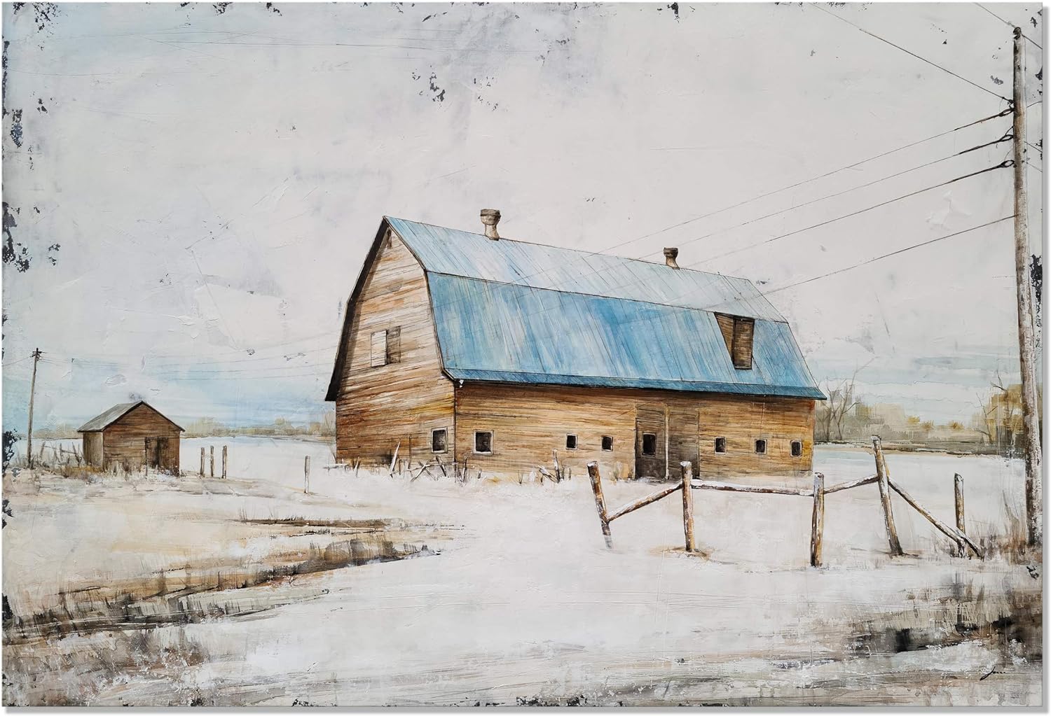 Yihui Arts Rustic Wall Decor Old Barn Canvas Wall Art Hand Painted Vintage Farmhouse Painting Pictures for Living Room