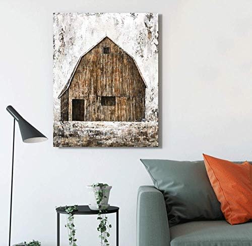 Yihui Arts Rustic Wall Decor Old Barn Canvas Wall Art Hand Painted Vintage Farmhouse Painting Pictures for Living Room
