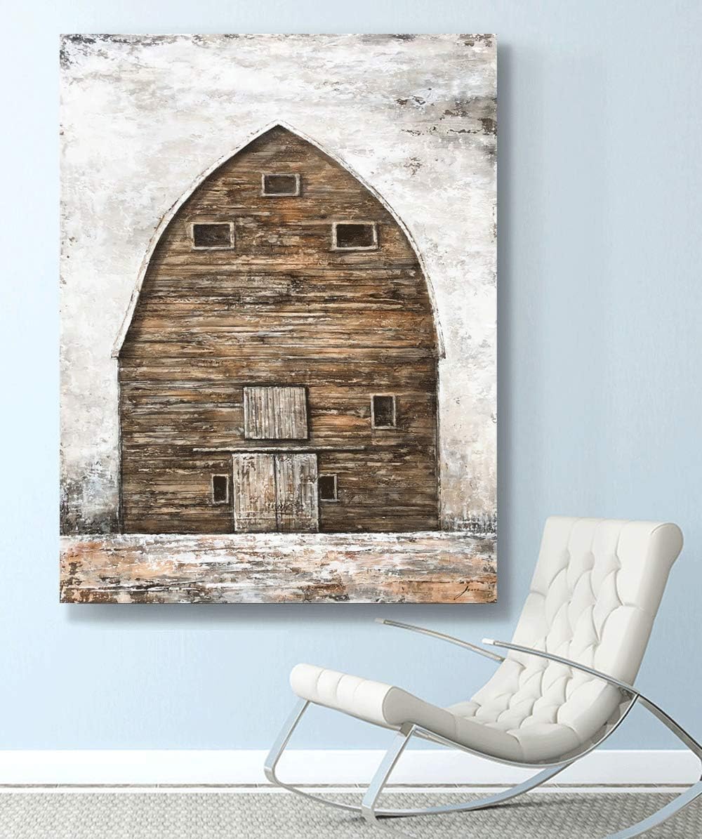 Yihui Arts Rustic Wall Decor Old Barn Canvas Wall Art Hand Painted Vintage Farmhouse Painting Pictures for Living Room