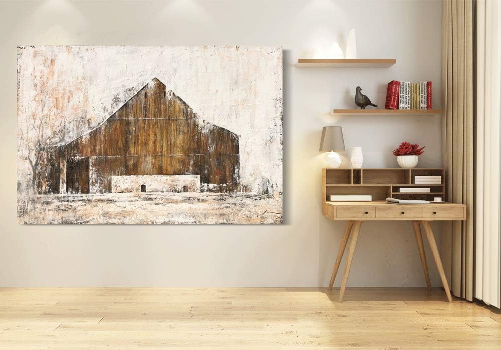 Yihui Arts Rustic Wall Decor Old Barn Canvas Wall Art Hand Painted Vintage Farmhouse Painting Pictures for Living Room
