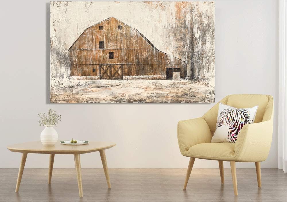 Yihui Arts Rustic Wall Decor Old Barn Canvas Wall Art Hand Painted Vintage Farmhouse Painting Pictures for Living Room