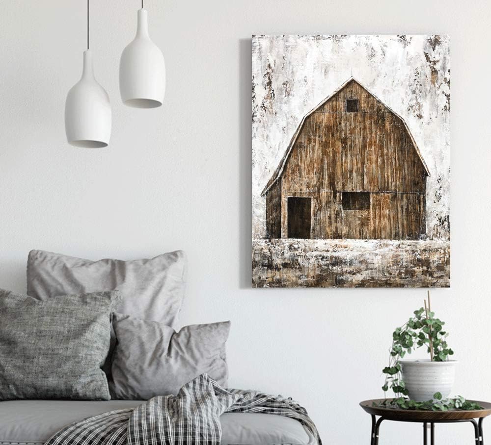 Yihui Arts Rustic Wall Decor Old Barn Canvas Wall Art Hand Painted Vintage Farmhouse Painting Pictures for Living Room