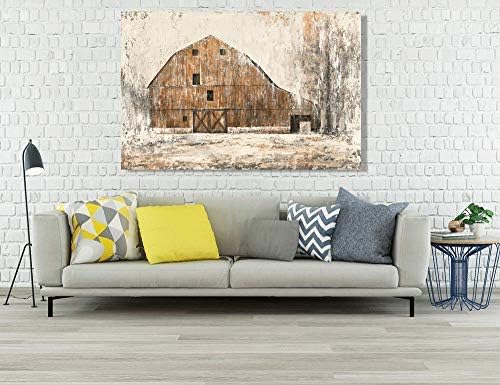 Yihui Arts Rustic Wall Decor Old Barn Canvas Wall Art Hand Painted Vintage Farmhouse Painting Pictures for Living Room