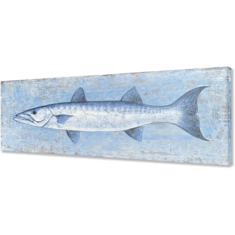 Yihui Arts Canvas Wall Art Hand Painted Abstract Tuna Fish Painting Modern Artwork Coastal Pictures in Blue and White Color for Bedroom Decoration