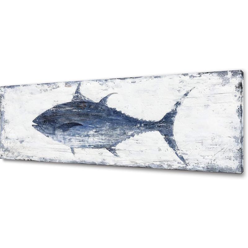 Yihui Arts Canvas Wall Art Hand Painted Abstract Tuna Fish Painting Modern Artwork Coastal Pictures in Blue and White Color for Bedroom Decoration