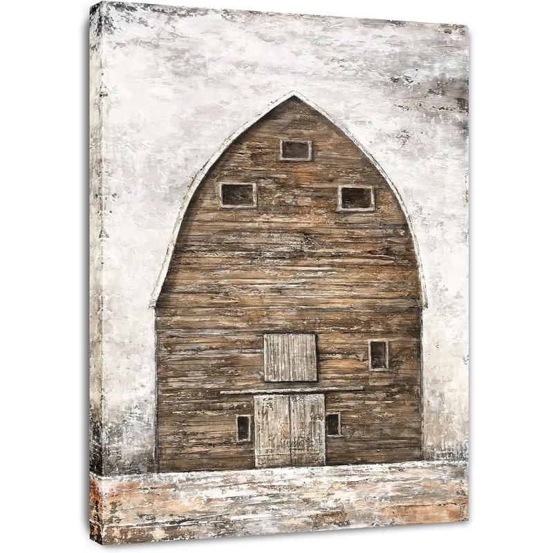 Yihui Arts Rustic Wall Decor Old Barn Canvas Wall Art Hand Painted Vintage Farmhouse Painting Pictures for Living Room
