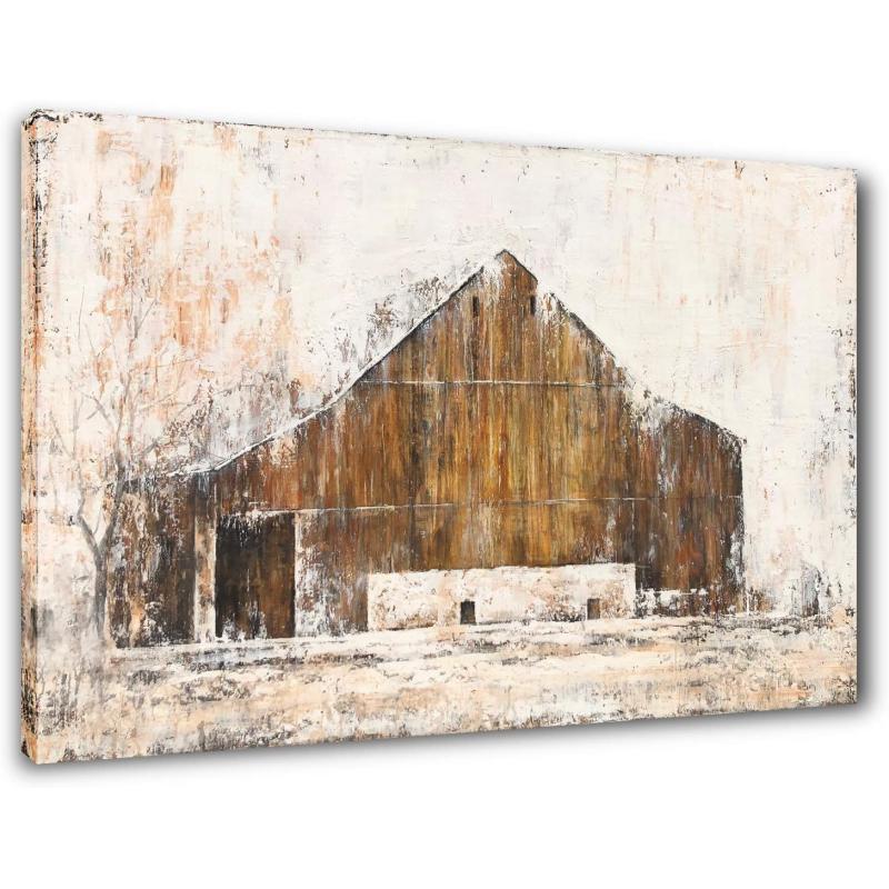 Yihui Arts Rustic Wall Decor Old Barn Canvas Wall Art Hand Painted Vintage Farmhouse Painting Pictures for Living Room