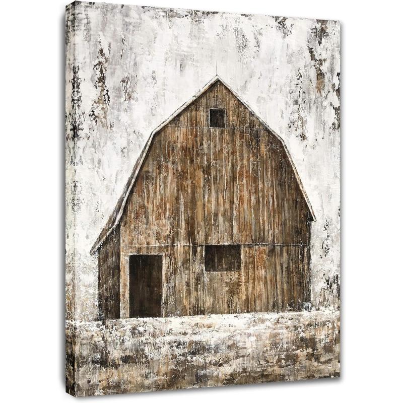 Yihui Arts Rustic Wall Decor Old Barn Canvas Wall Art Hand Painted Vintage Farmhouse Painting Pictures for Living Room