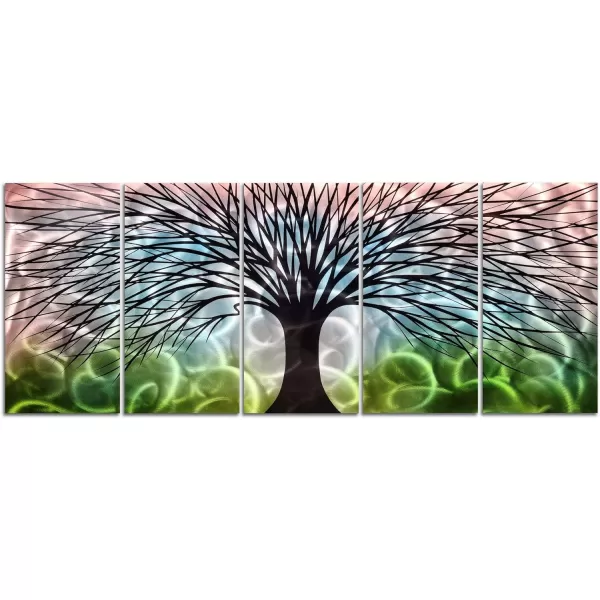 Yihui Arts 3D Silver Tree Metal Wall Art Hand Grind on Aluminum Brown Rustic Pictures in 5 Panel Modern Artwork for Living Room Bedroom Decoration 