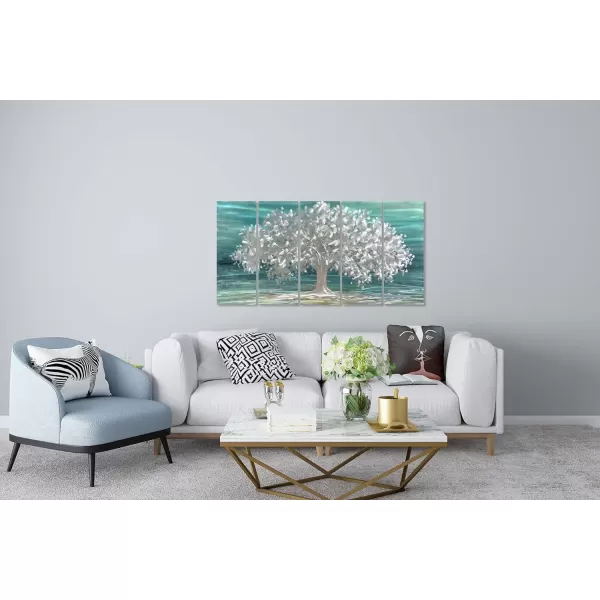 Yihui Arts 3D Silver Tree Metal Wall Art Hand Grind on Aluminum Brown Rustic Pictures in 5 Panel Modern Artwork for Living Room Bedroom Decoration 