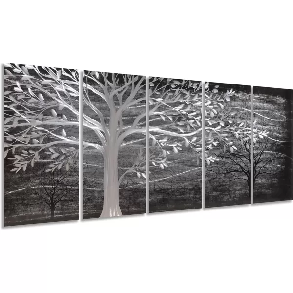 Yihui Arts 3D Silver Tree Metal Wall Art Hand Grind on Aluminum Brown Rustic Pictures in 5 Panel Modern Artwork for Living Room Bedroom Decoration 