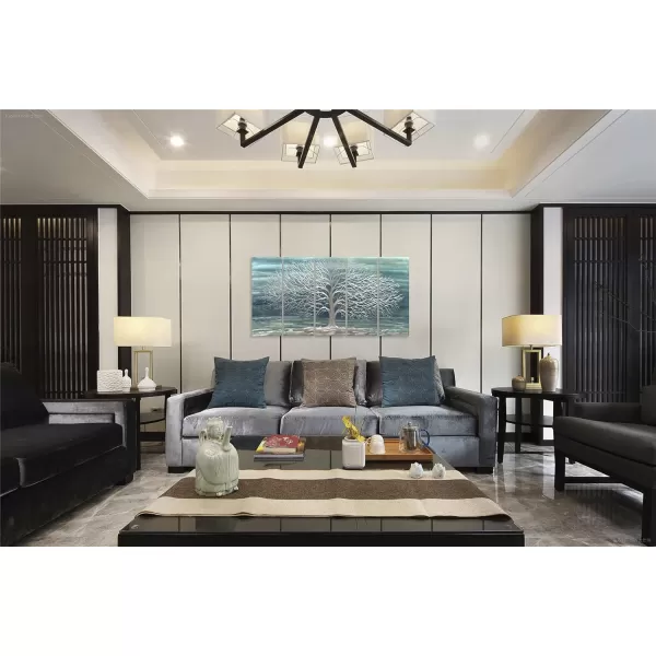 Yihui Arts 3D Silver Tree Metal Wall Art Hand Grind on Aluminum Brown Rustic Pictures in 5 Panel Modern Artwork for Living Room Bedroom Decoration 