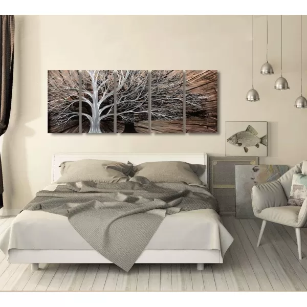 Yihui Arts 3D Silver Tree Metal Wall Art Hand Grind on Aluminum Brown Rustic Pictures in 5 Panel Modern Artwork for Living Room Bedroom Decoration 