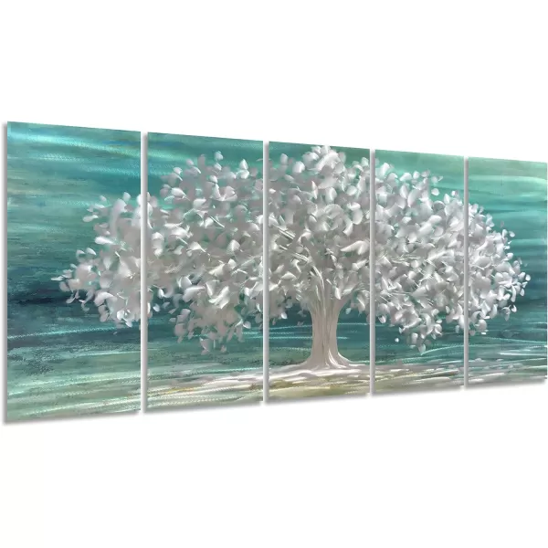 Yihui Arts 3D Silver Tree Metal Wall Art Hand Grind on Aluminum Brown Rustic Pictures in 5 Panel Modern Artwork for Living Room Bedroom Decoration 