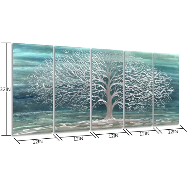 Yihui Arts 3D Silver Tree Metal Wall Art Hand Grind on Aluminum Brown Rustic Pictures in 5 Panel Modern Artwork for Living Room Bedroom Decoration 