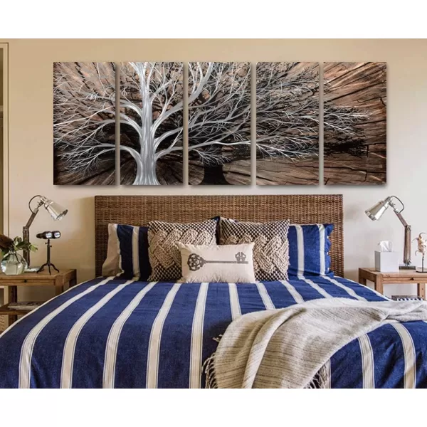 Yihui Arts 3D Silver Tree Metal Wall Art Hand Grind on Aluminum Brown Rustic Pictures in 5 Panel Modern Artwork for Living Room Bedroom Decoration 