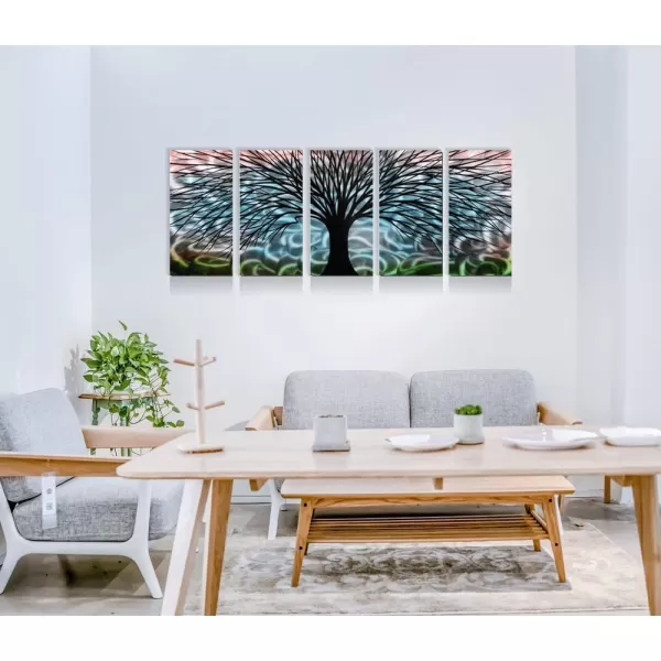 Yihui Arts 3D Silver Tree Metal Wall Art Hand Grind on Aluminum Brown Rustic Pictures in 5 Panel Modern Artwork for Living Room Bedroom Decoration 