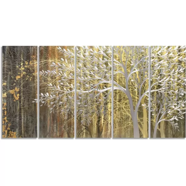 Yihui Arts 3D Silver Tree Metal Wall Art Hand Grind on Aluminum Brown Rustic Pictures in 5 Panel Modern Artwork for Living Room Bedroom Decoration 