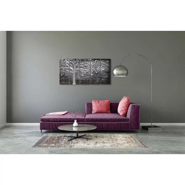 Yihui Arts 3D Silver Tree Metal Wall Art Hand Grind on Aluminum Brown Rustic Pictures in 5 Panel Modern Artwork for Living Room Bedroom Decoration 