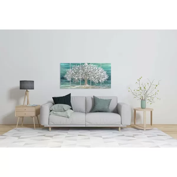 Yihui Arts 3D Silver Tree Metal Wall Art Hand Grind on Aluminum Brown Rustic Pictures in 5 Panel Modern Artwork for Living Room Bedroom Decoration 