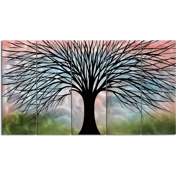 Yihui Arts 3D Silver Tree Metal Wall Art Hand Grind on Aluminum Brown Rustic Pictures in 5 Panel Modern Artwork for Living Room Bedroom Decoration 