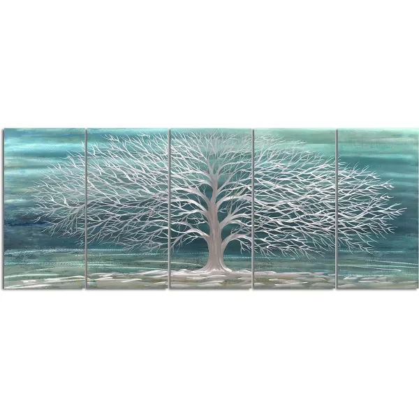 Yihui Arts 3D Silver Tree Metal Wall Art Hand Grind on Aluminum Brown Rustic Pictures in 5 Panel Modern Artwork for Living Room Bedroom Decoration 