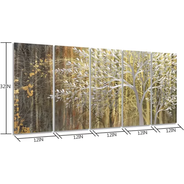 Yihui Arts 3D Silver Tree Metal Wall Art Hand Grind on Aluminum Brown Rustic Pictures in 5 Panel Modern Artwork for Living Room Bedroom Decoration 