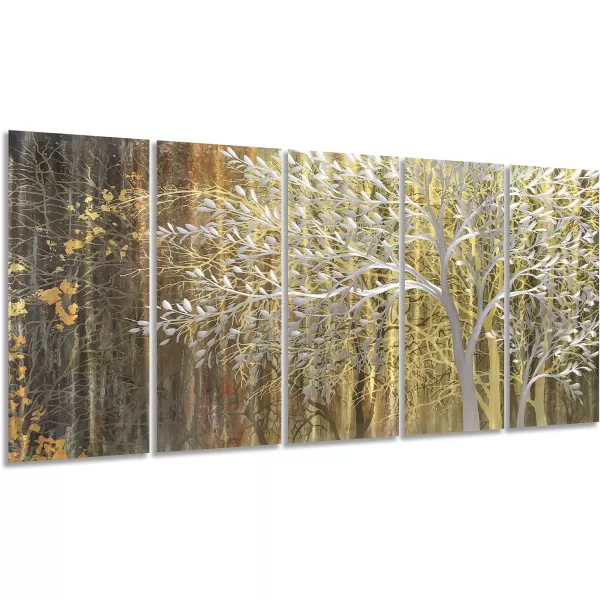 Yihui Arts 3D Silver Tree Metal Wall Art Hand Grind on Aluminum Brown Rustic Pictures in 5 Panel Modern Artwork for Living Room Bedroom Decoration 