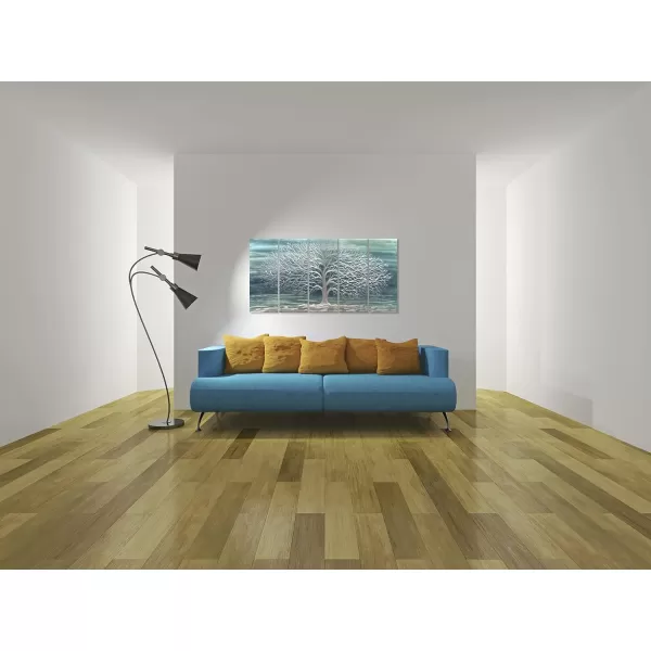 Yihui Arts 3D Silver Tree Metal Wall Art Hand Grind on Aluminum Brown Rustic Pictures in 5 Panel Modern Artwork for Living Room Bedroom Decoration 