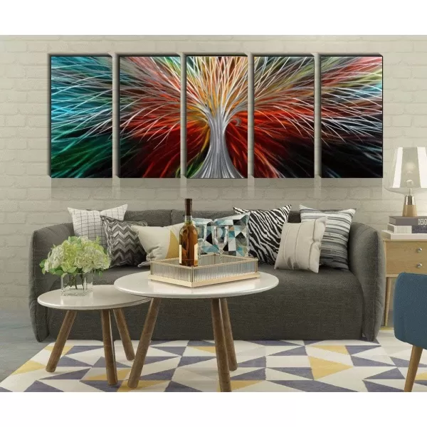 Yihui Arts 3D Silver Tree Metal Wall Art Hand Grind on Aluminum Brown Rustic Pictures in 5 Panel Modern Artwork for Living Room Bedroom Decoration 