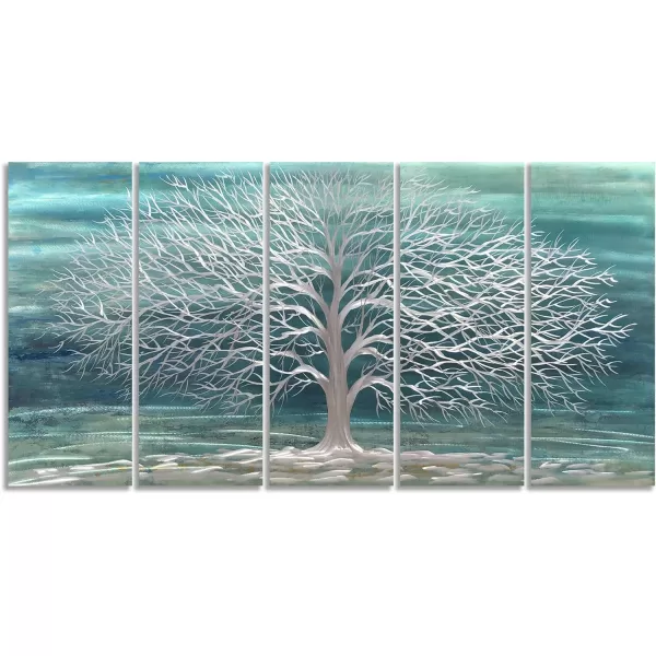 Yihui Arts 3D Silver Tree Metal Wall Art Hand Grind on Aluminum Brown Rustic Pictures in 5 Panel Modern Artwork for Living Room Bedroom Decoration 