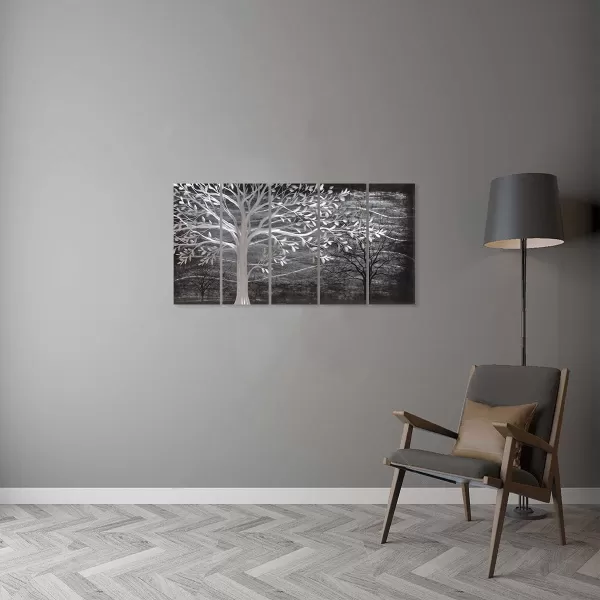 Yihui Arts 3D Silver Tree Metal Wall Art Hand Grind on Aluminum Brown Rustic Pictures in 5 Panel Modern Artwork for Living Room Bedroom Decoration 
