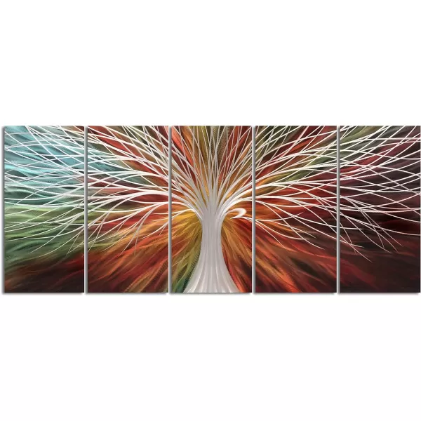 Yihui Arts 3D Silver Tree Metal Wall Art Hand Grind on Aluminum Brown Rustic Pictures in 5 Panel Modern Artwork for Living Room Bedroom Decoration 