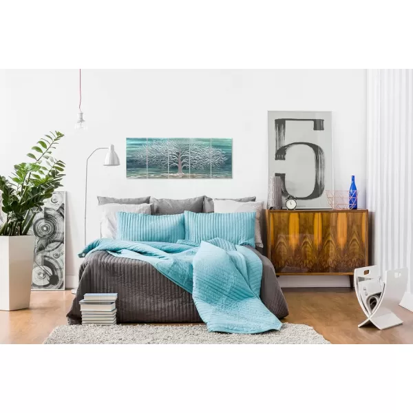 Yihui Arts 3D Silver Tree Metal Wall Art Hand Grind on Aluminum Brown Rustic Pictures in 5 Panel Modern Artwork for Living Room Bedroom Decoration 
