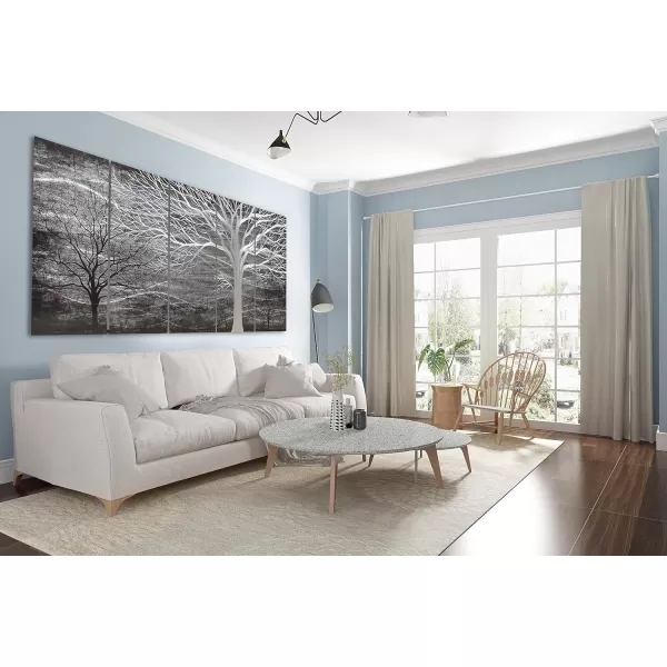 Yihui Arts 3D Silver Tree Metal Wall Art Hand Grind on Aluminum Brown Rustic Pictures in 5 Panel Modern Artwork for Living Room Bedroom Decoration 
