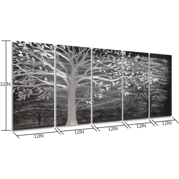 Yihui Arts 3D Silver Tree Metal Wall Art Hand Grind on Aluminum Brown Rustic Pictures in 5 Panel Modern Artwork for Living Room Bedroom Decoration 