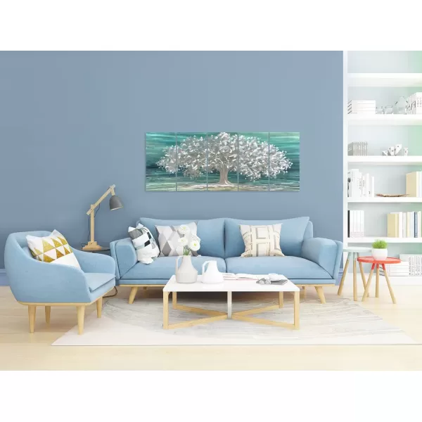 Yihui Arts 3D Silver Tree Metal Wall Art Hand Grind on Aluminum Brown Rustic Pictures in 5 Panel Modern Artwork for Living Room Bedroom Decoration 