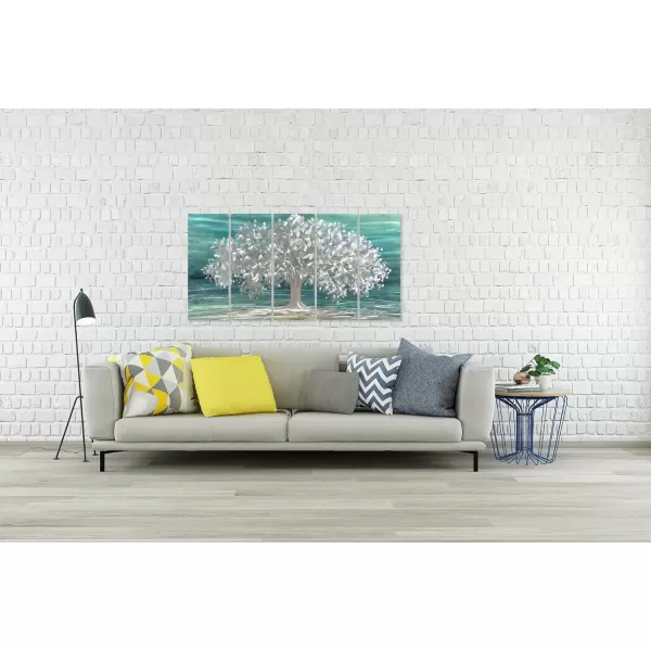Yihui Arts 3D Silver Tree Metal Wall Art Hand Grind on Aluminum Brown Rustic Pictures in 5 Panel Modern Artwork for Living Room Bedroom Decoration 