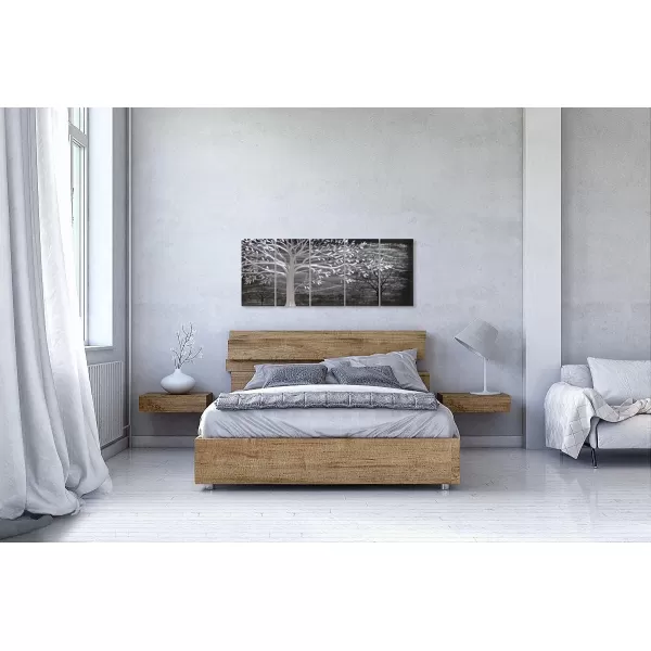 Yihui Arts 3D Silver Tree Metal Wall Art Hand Grind on Aluminum Brown Rustic Pictures in 5 Panel Modern Artwork for Living Room Bedroom Decoration 
