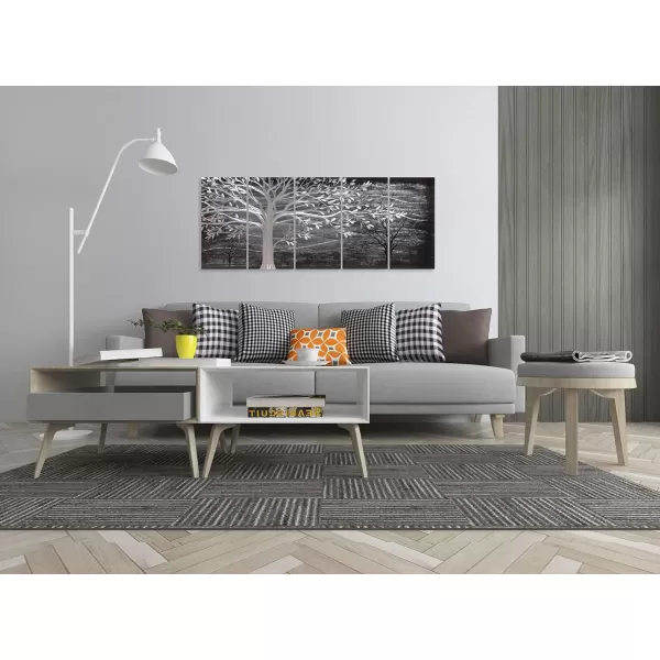Yihui Arts 3D Silver Tree Metal Wall Art Hand Grind on Aluminum Brown Rustic Pictures in 5 Panel Modern Artwork for Living Room Bedroom Decoration 