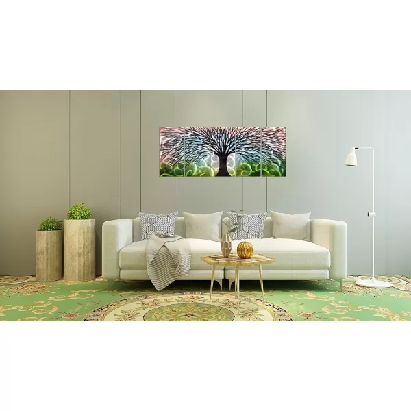 Yihui Arts 3D Silver Tree Metal Wall Art Hand Grind on Aluminum Brown Rustic Pictures in 5 Panel Modern Artwork for Living Room Bedroom Decoration 