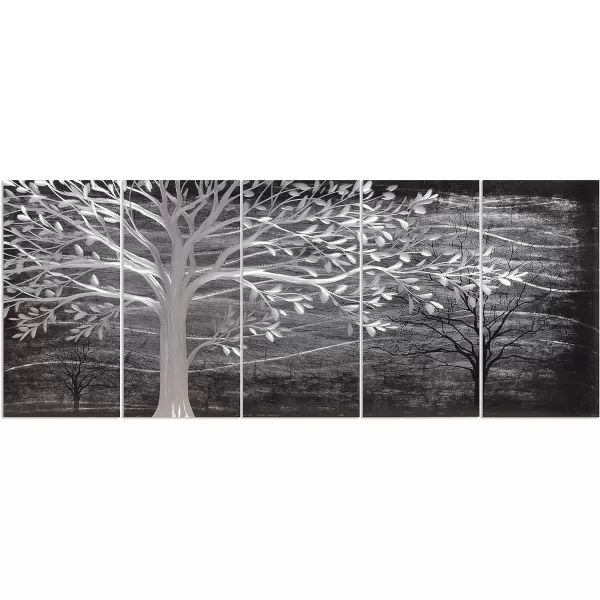 Yihui Arts 3D Silver Tree Metal Wall Art Hand Grind on Aluminum Brown Rustic Pictures in 5 Panel Modern Artwork for Living Room Bedroom Decoration 