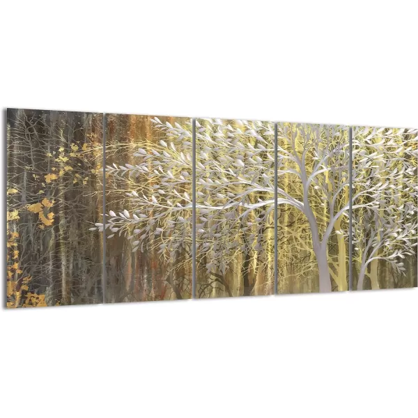 Yihui Arts 3D Silver Tree Metal Wall Art Hand Grind on Aluminum Brown Rustic Pictures in 5 Panel Modern Artwork for Living Room Bedroom Decoration 