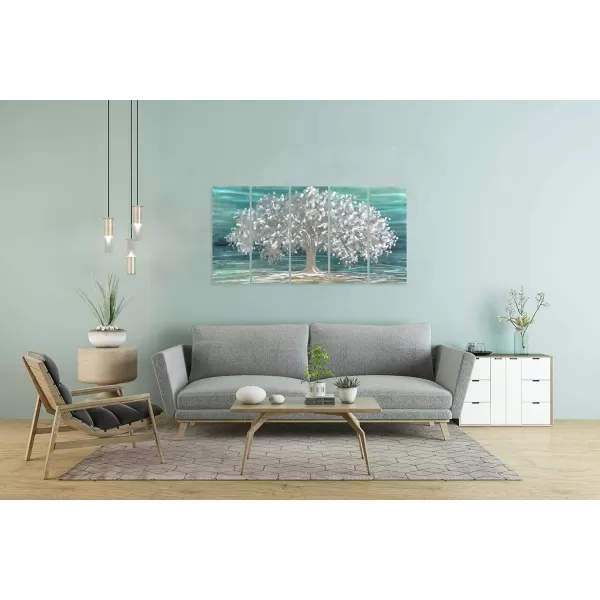 Yihui Arts 3D Silver Tree Metal Wall Art Hand Grind on Aluminum Brown Rustic Pictures in 5 Panel Modern Artwork for Living Room Bedroom Decoration 