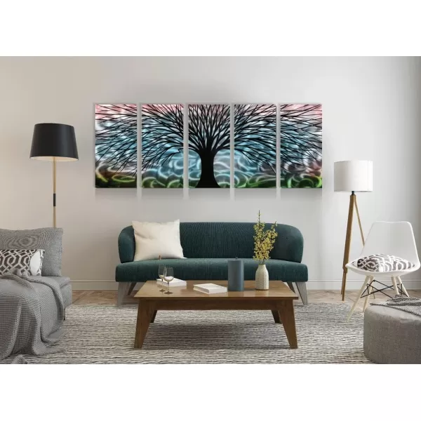 Yihui Arts 3D Silver Tree Metal Wall Art Hand Grind on Aluminum Brown Rustic Pictures in 5 Panel Modern Artwork for Living Room Bedroom Decoration 