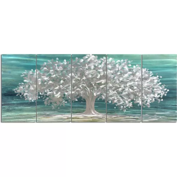 Yihui Arts 3D Silver Tree Metal Wall Art Hand Grind on Aluminum Brown Rustic Pictures in 5 Panel Modern Artwork for Living Room Bedroom Decoration 