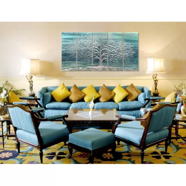 Yihui Arts 3D Silver Tree Metal Wall Art Hand Grind on Aluminum Brown Rustic Pictures in 5 Panel Modern Artwork for Living Room Bedroom Decoration 